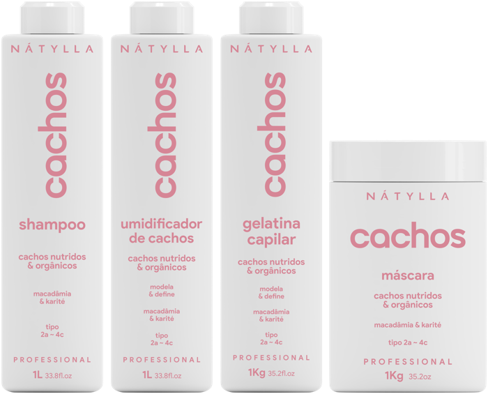 Nátylla Cachos — Shampoo 1L • Máscara 1kg • Gelatina capilar 1kg • Umidificador de cachos 1L — tratamentos e cronograma capilar no atacado pela Nátylla Sul Brasil em Santa Catarina