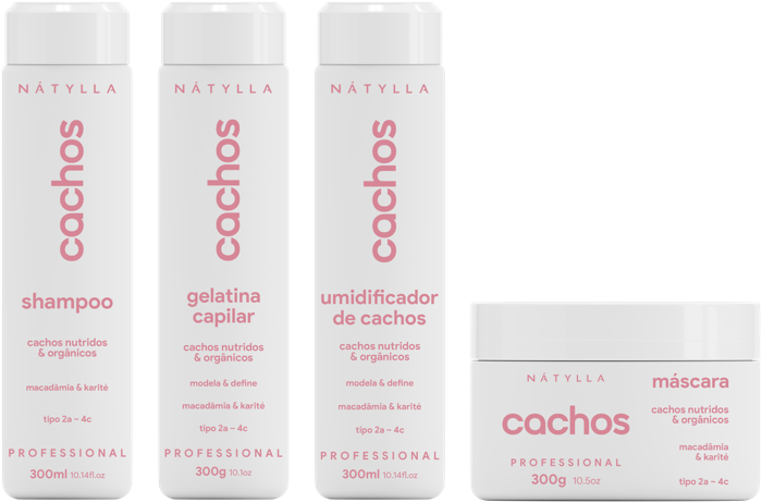 Nátylla Cachos Home Care — Shampoo 300ml • Máscara 300g • Gelatina capilar 300g • Umidificador de cachos 300ml — home care para revenda no atacado pela Nátylla Sul Brasil em Santa Catarina