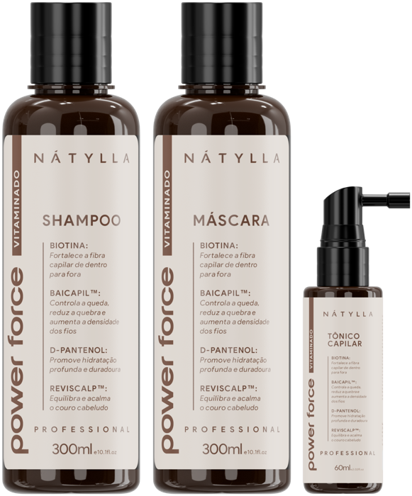 Nátylla Power Force Vitaminado — Shampoo 300ml • Máscara 300g • Tônico capilar 30ml — tratamentos e cronograma capilar no atacado pela Nátylla Sul Brasil em Santa Catarina