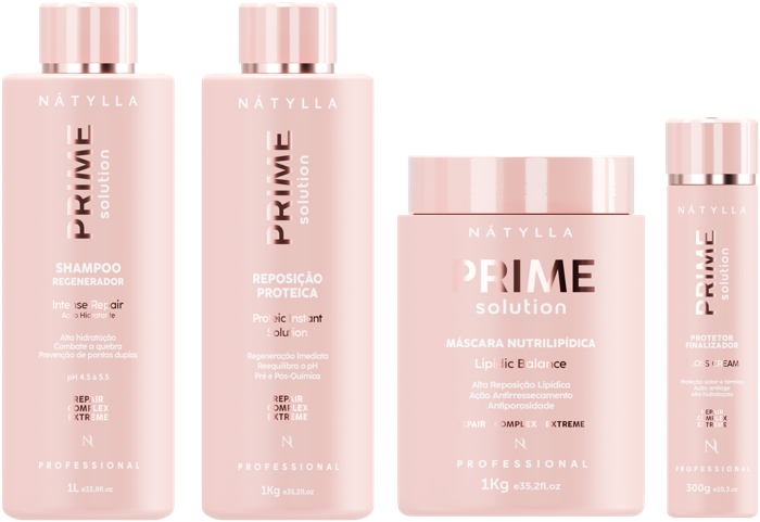 Nátylla Prime Solution — Shampoo 1L • Reposição proteica 1kg • Máscara nutrilipídica 1kg • Finalizador Gloss Cream 300g • Óleo revitalizador 300ml — tratamentos e cronograma capilar no atacado pela Nátylla Sul Brasil em Santa Catarina